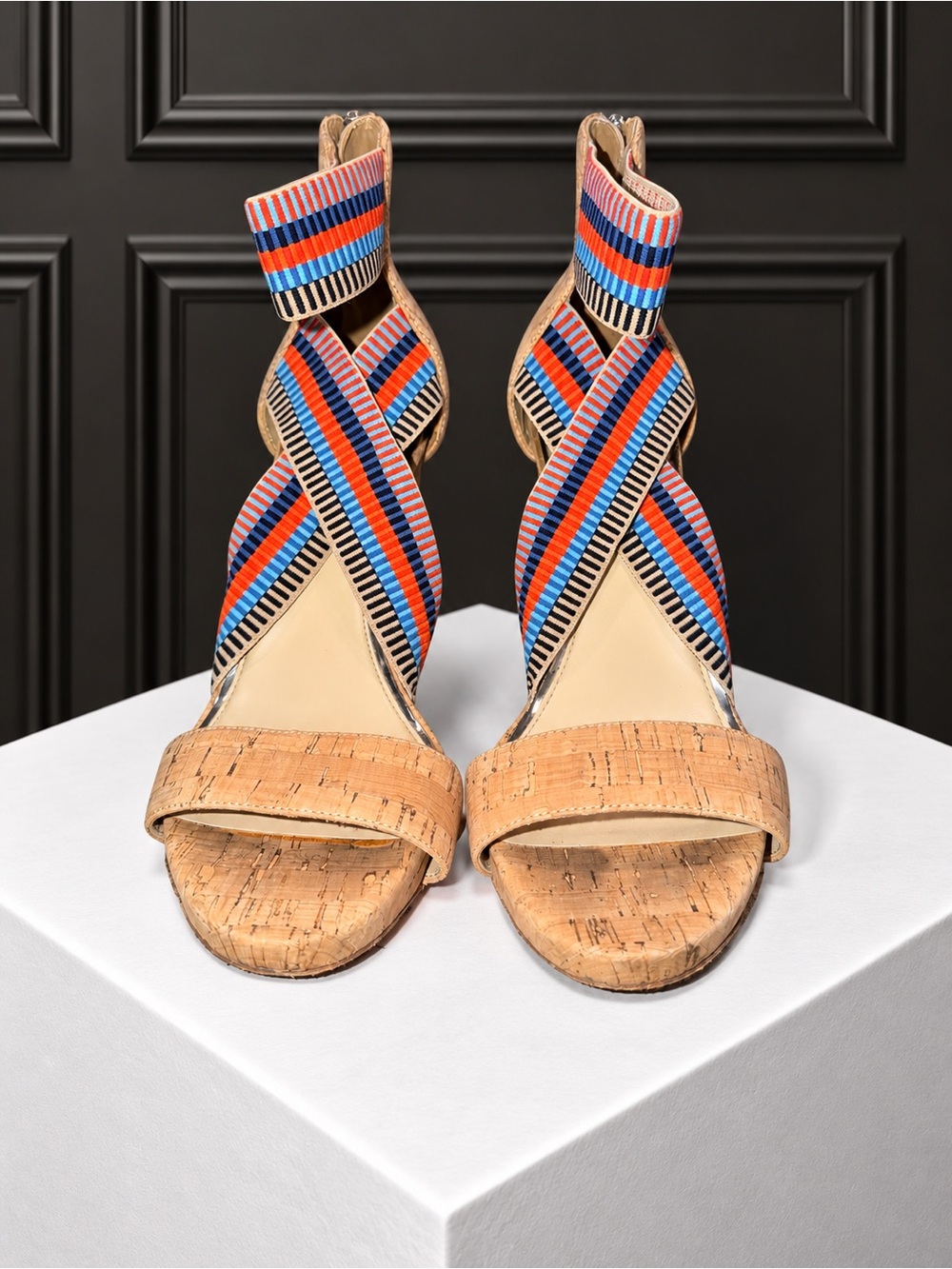 Jessica Simpson Cork & Striped Ankle Strap Block Heel Sandals – Size 9.5